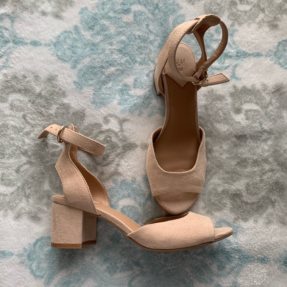 Light pink suede 3” open toe heels